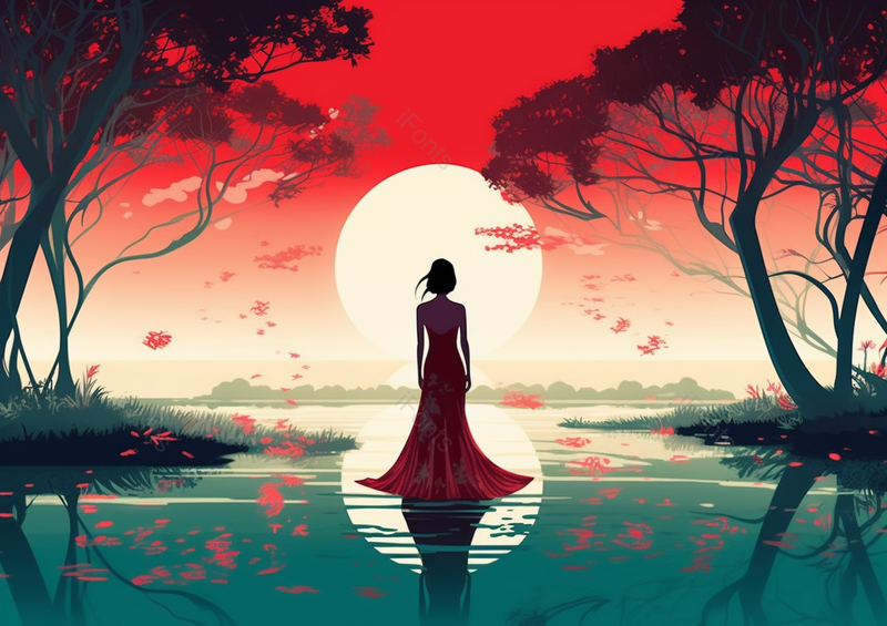 中国国潮国风新中式站在水中央身穿红色服装的少女背影望着圆月插画,插画/手绘图,插画/手绘图库,插画/手绘图下载,插画/手绘